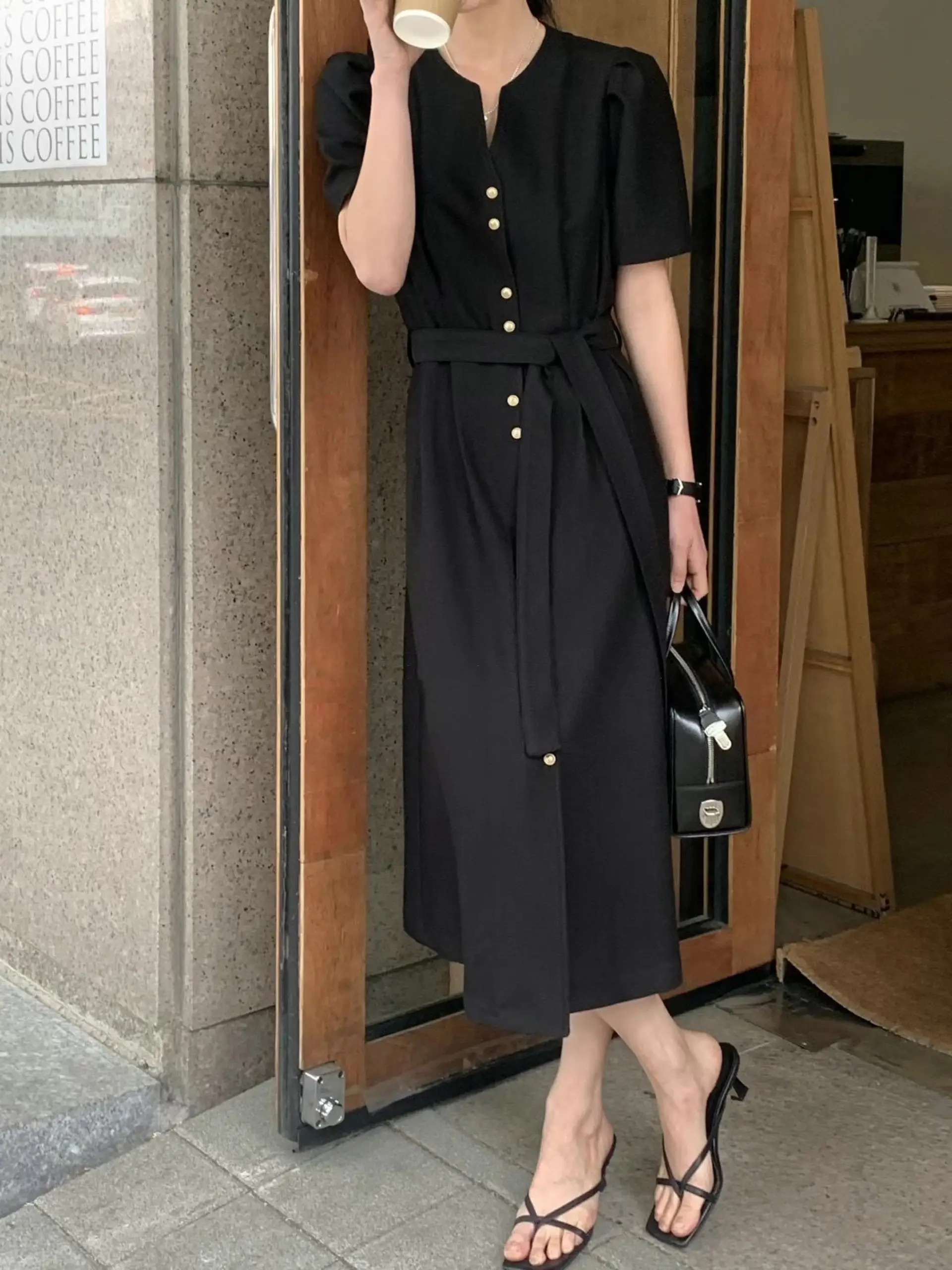 프렌치 레트로 스타일 V넥 단추 셔츠 원피스 상세 이미지 6