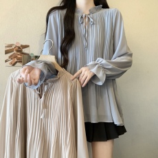 批发2026大码女装甜美温柔风灯笼袖蓝色衬衫女新款绑带小众设计感上衣