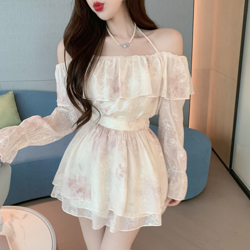 FA36122# 秋季新款渡假旅游时尚一字领防晒衬衫上衣蛋糕短裙套装  服裝批發女裝批發服飾貨源