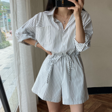 批发chic 韩系夏季复古新款休闲慵懒度假气质百搭条纹抽绳<b class='q'>连体</b><b class='q'>裤</b>