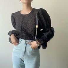 批发<b class='q'>韩国</b>chic 春季法式小众仙气泡泡皱褶圆领灯笼袖衬衫上衣女