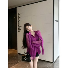 批发实拍实价浪漫紫薰衣 D家订染轻薄肤感薄款宽松飘带拼接缎面上衣