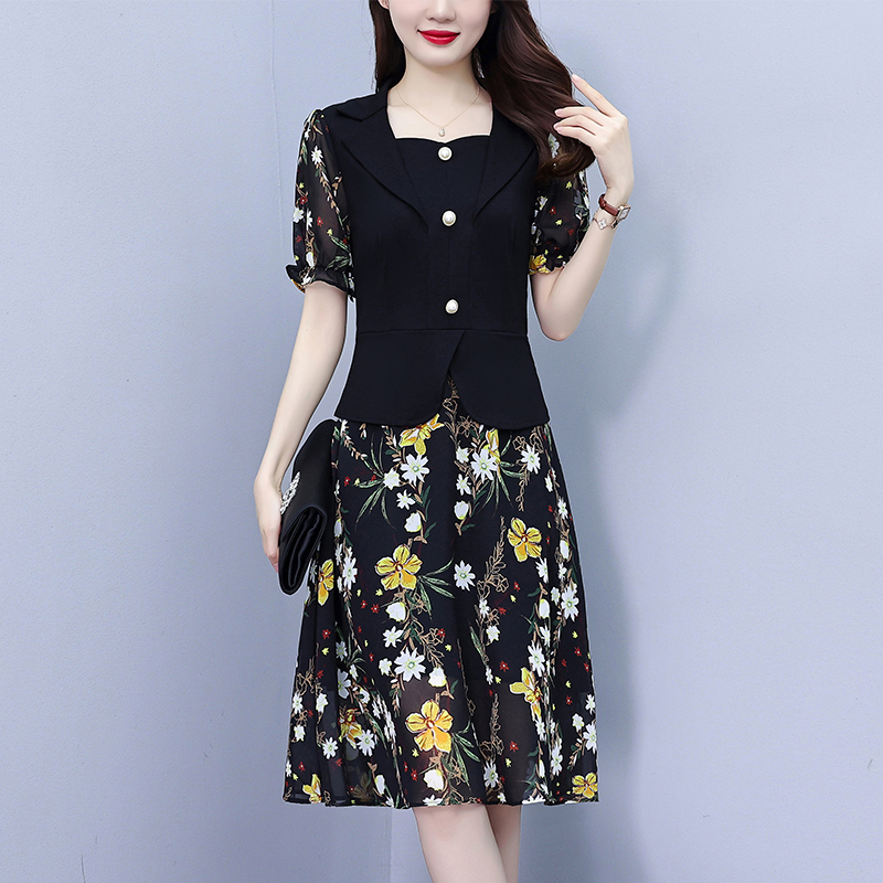 RY249# 大码女装2026夏季新款胖mm西装领雪纺碎花拼接时尚中年妈妈...