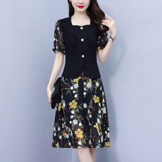 批发大码女装2026<b class='q'>夏季</b>新款胖mm西装领雪纺碎花拼接时尚中年妈妈连衣裙