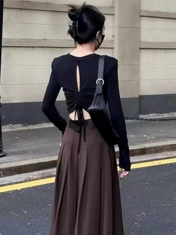 早春長袖t恤秋裝女2024年新款辣妹露背短款上衣內搭打底衫女春秋