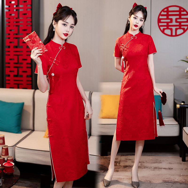 MY14355#复古收腰开叉长裙改良新国风旗袍连衣裙