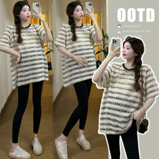 现实拍夏季新款韩版条纹T恤宽松中长款孕妇上衣