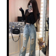 批发辣妹短款小心机露背抽绳打底T恤衫女长袖上衣+复古别致<b class='q'>破洞</b>牛仔裤