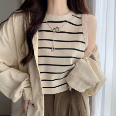 批发条纹小背心吊带女<b class='q'>春</b>秋内搭打底衫女夏季百搭美背短款针织短袖t恤
