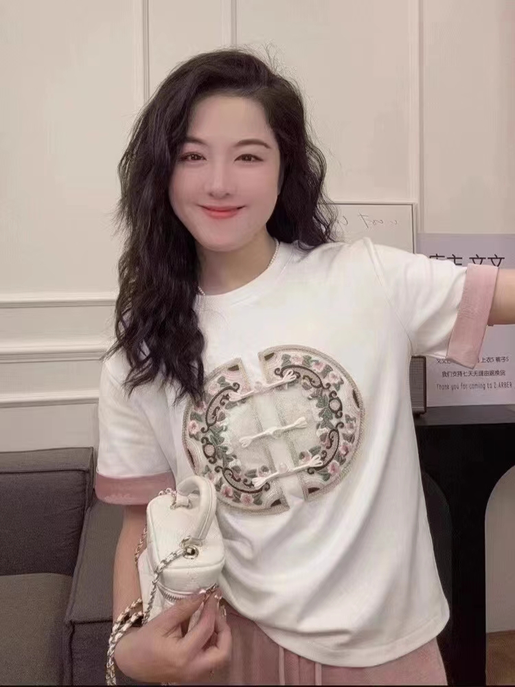 WenWen小個子2024新款新中式國風重工刺繡短袖針織衫女