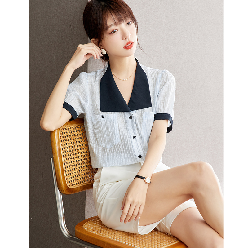 실사 반팔 여성 셔츠 여름 2026 새로운 프랑스식 폴로 칼라 질감 센스 문예 쉬폰 톱