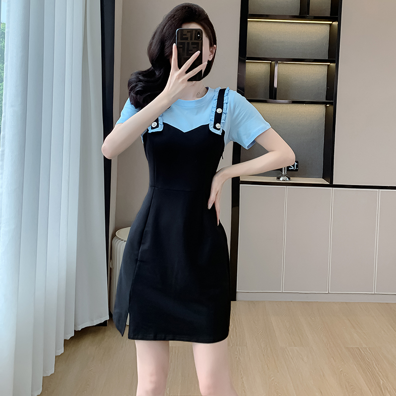 FA26424# 夏季新款休闲Tt恤小个子连衣裙假两件拼接减龄显瘦裙子女