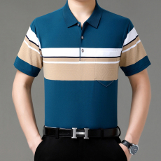 批发夏季男士短袖t恤宽松中年爸爸装有口袋棉质半袖polo领百搭体恤潮