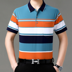 批发夏季棉质短袖t恤男中年真口袋宽松加肥加大码条纹爸爸装休闲上衣