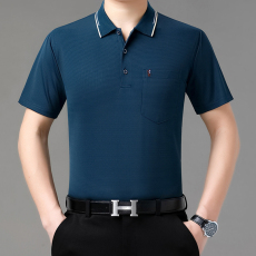 批发冰丝polo衫男士夏季大码宽松翻领短袖t恤凉感有口袋爸爸装<b class='q'>商务</b>t恤