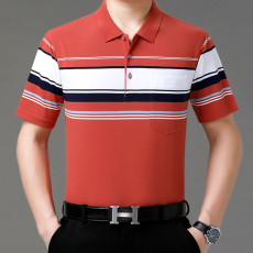 批发夏季正品棉质短袖t恤男中年有口袋宽松加肥加大码条纹爸爸装上衣