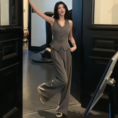 批发2026年夏季新款 西服<b class='q'>马甲</b>无袖上衣搭配阔腿裤两件套 女时尚套装