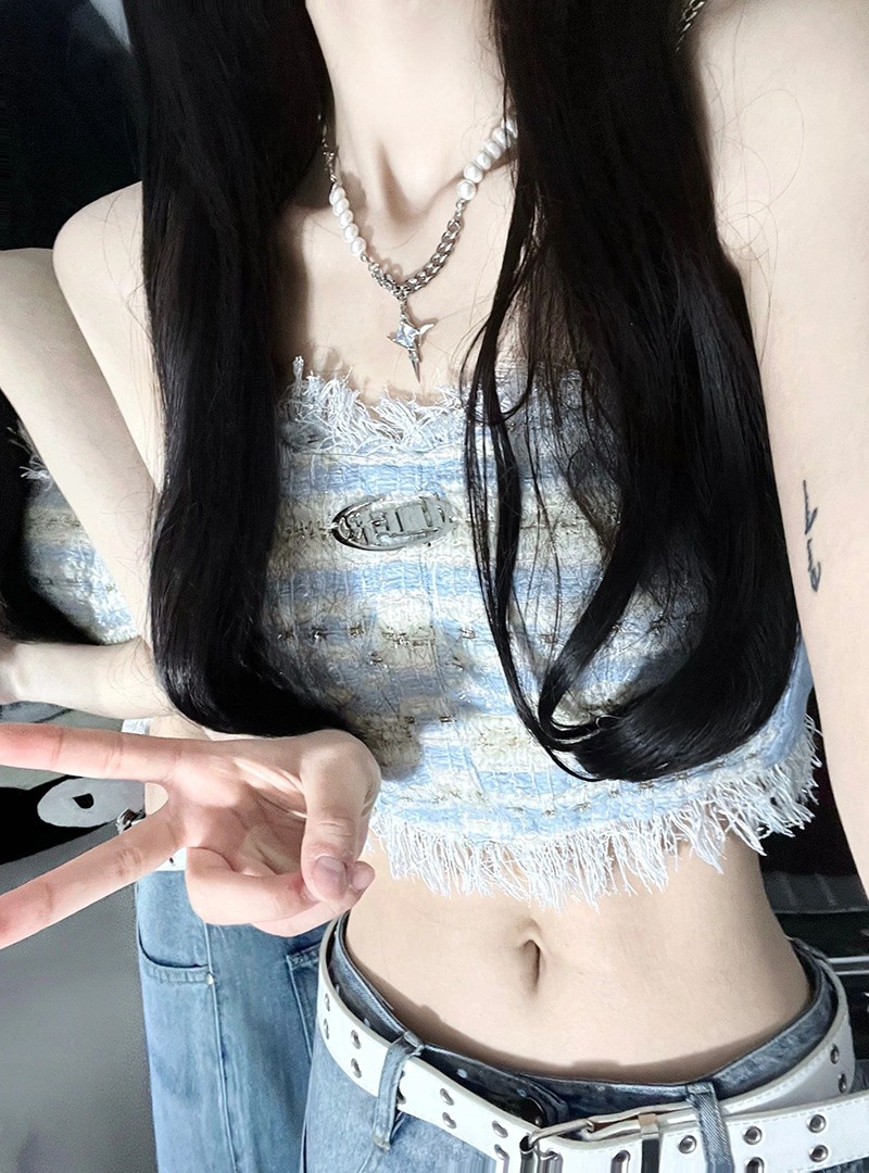 純欲辣妹針織拼接毛邊吊帶背心女夏季短款修身顯瘦休閒百搭上衣潮