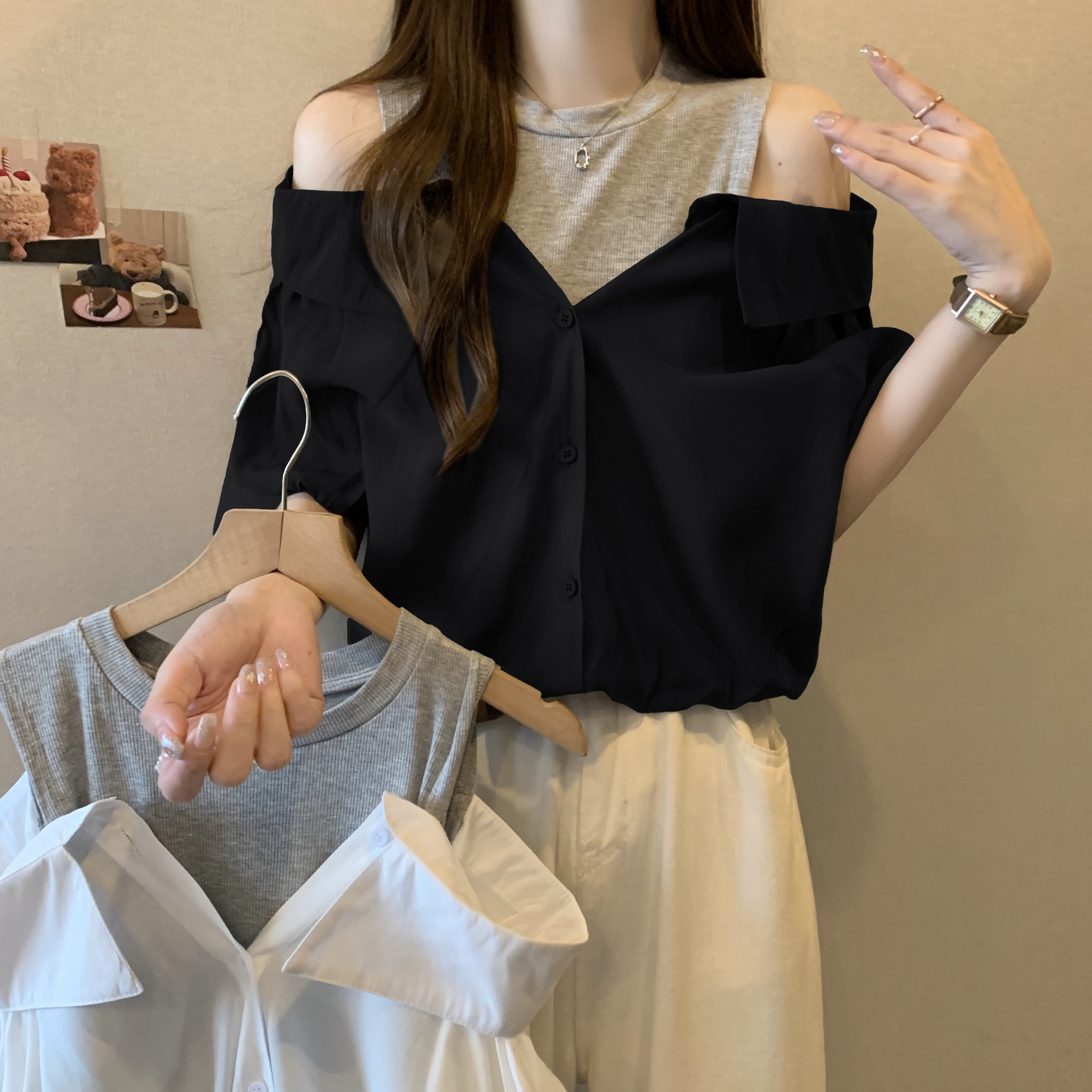 PF10188#新款大码胖妹妹韩版夏季纯色假两件套上衣衬衫女裝貨源服裝批發