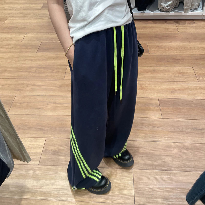 美式復古條紋藏青色衛褲女春夏季新款寬鬆慵懶風休閒闊腿運動褲子