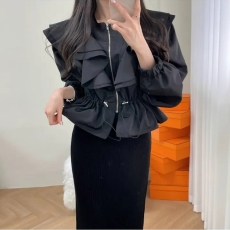 chic 韩版春季时尚简约荷叶边抽绳收腰短款风衣拉链夹克外套