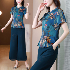 批发2025夏季国风新款中年妈妈装改良旗袍复古盘扣时尚印花修身套装