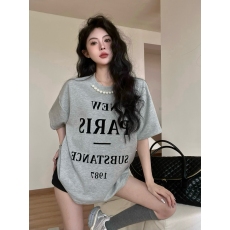 批发实拍实价夏季新款复古减龄字母植绒印花珍珠宽松<b class='q'>中长款</b>短袖T恤