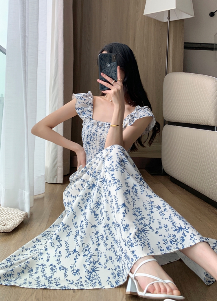 FT GUOGE碎花連衣裙女夏季新款小飛袖法式茶歇收腰方領長裙子