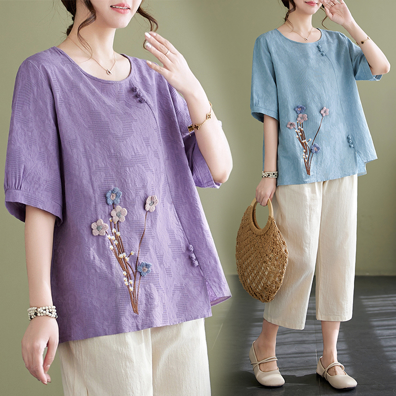 RY227# 实拍妈妈装夏款棉麻绣花文艺宽松中袖上衣短袖T恤+阔腿裤两件套...