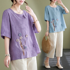 批发实拍妈妈装夏款棉麻绣花文艺宽松中袖上衣短袖T恤+阔腿裤两件套女