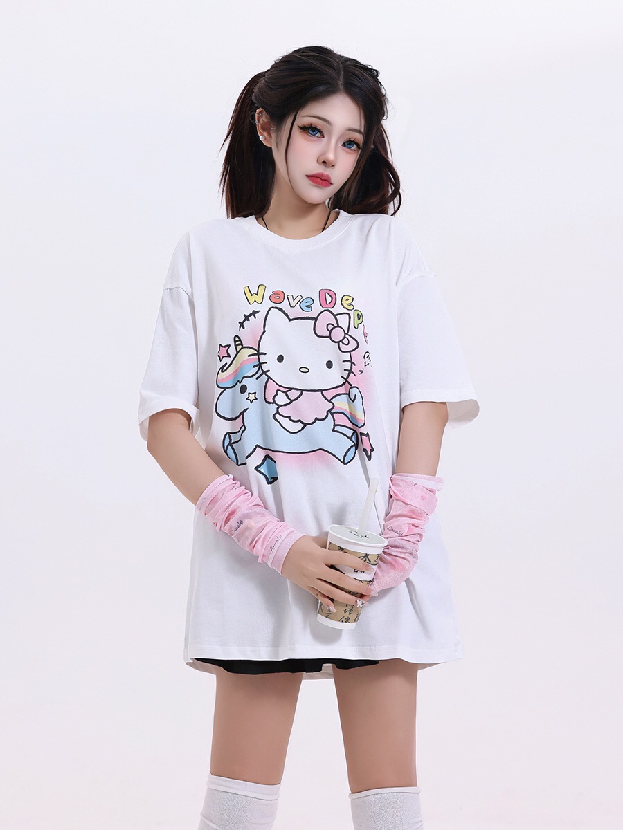 國潮原創卡通HelloKitty貓短袖T恤女夏季新款甜酷男女同款上衣潮