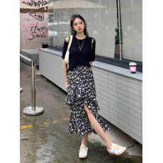 批发实拍大码女装胖mm春夏露肩钉珠针织T恤荷叶边开叉碎花长裙两件套