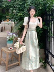 大量现货～大码女装新中式国风复古改良版汉服马面裙拼接连衣裙