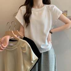 批发实拍大码女装胖mm夏季设计感小众钉珠泡泡袖上衣百搭显瘦短袖T桖