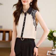 批发实拍2026高端缎面仿真丝设计感气质<b class='q'>衬衫</b>领<b class='q'>女</b>无袖<b class='q'>职业</b>别致上衣