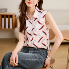 批发实拍重磅锻面<b class='q'>真丝</b>无袖衬衫领2026年夏装时尚印花女<b class='q'>背心</b>上衣