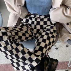 批发外贸阔腿<b class='q'>棋盘</b><b class='q'>格</b>微喇裤子女早春新款设计感小众高腰百搭直筒休闲裤