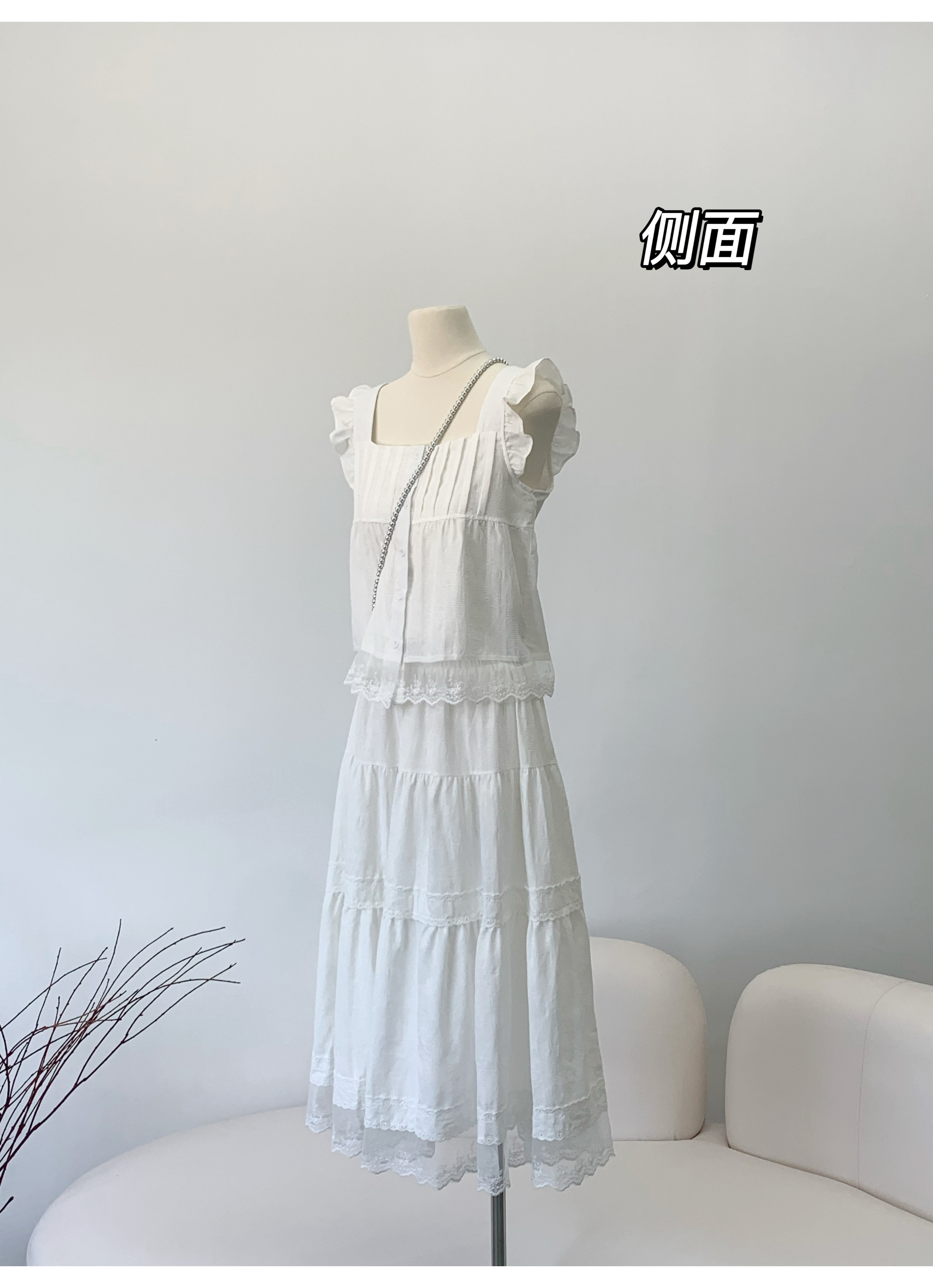 ptonumi月光童话 白色两件套裙子早春小飞袖上衣休闲半身裙套装女