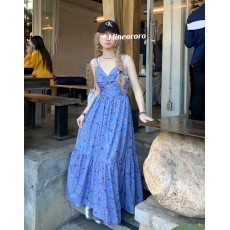 批发大码法式淑女蓝色碎花吊带<b class='q'>连衣裙</b>夏气质V领露背度假海边沙滩长裙
