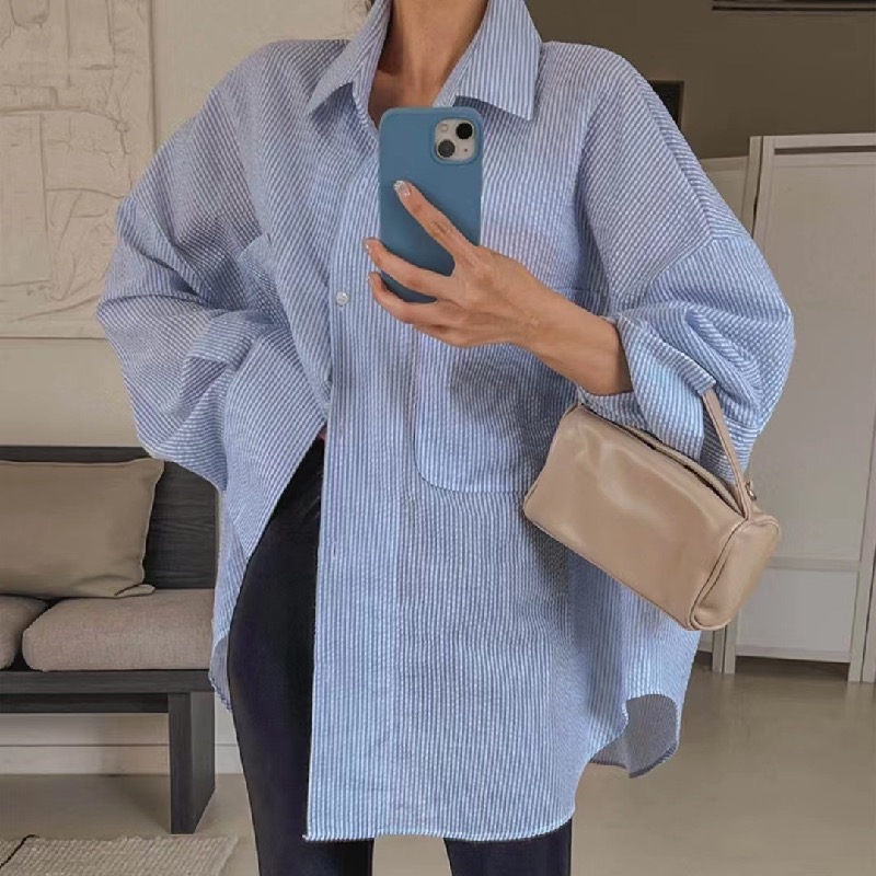세로 줄무늬 여성 셔츠 한국 레트로 폴로 칼라 루즈핏 대 에디션 느긋한 바람 주머니 품격 다용도 태양 보호 셔츠 맨위