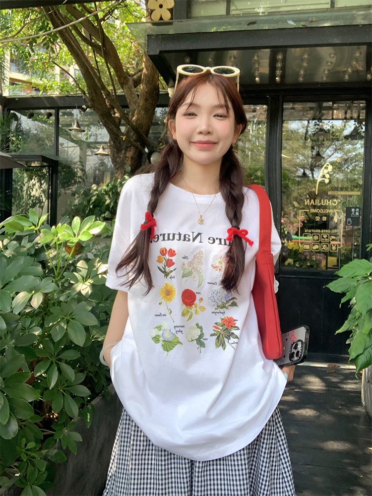 Actual shot of spring and summer Korean chic simple flower printed T-shirt short-sleeved tops