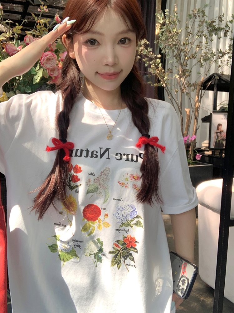 Actual shot of spring and summer Korean chic simple flower printed T-shirt short-sleeved tops