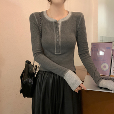 批发实拍2*2螺纹260克长袖t恤女2026春秋新款修身撞色打底衫圆领上衣