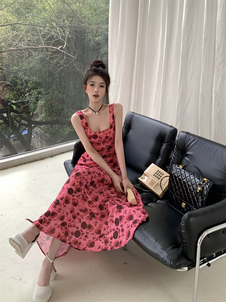 Real shot square neck backless chiffon dress women's spring and summer new high-waist slim floral long skirt