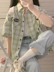 韩系潮牌淡绿色格子短袖T恤女2024夏季小清新小众设计感情侣衬衫
