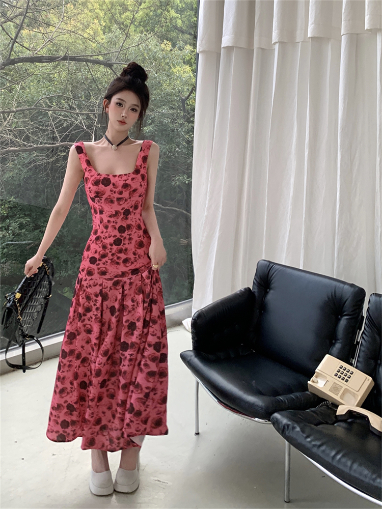 Real shot square neck backless chiffon dress women's spring and summer new high-waist slim floral long skirt