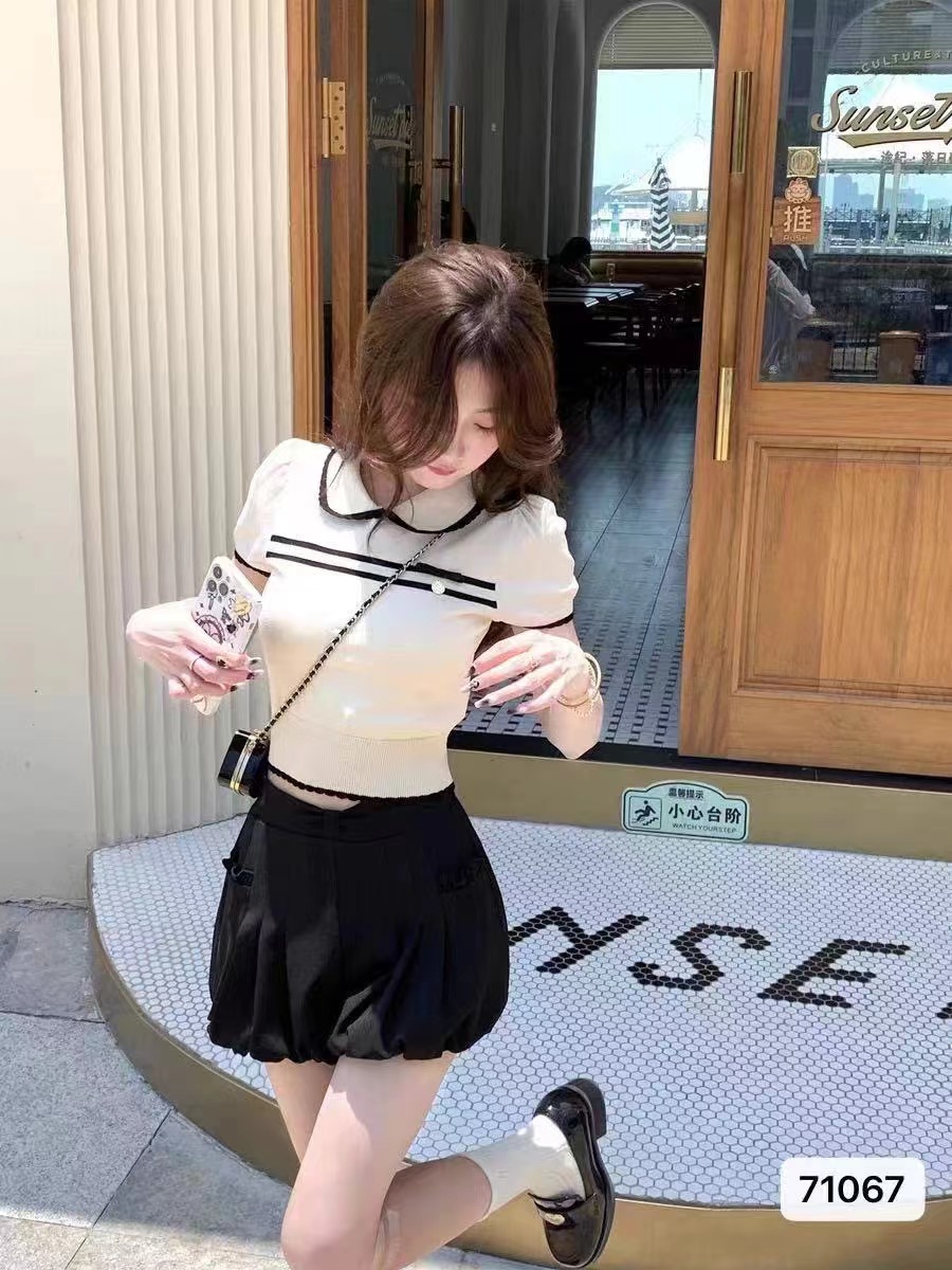 2024夏季新款時尚減齡娃娃領拼色蝴蝶結短袖上衣女