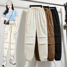 批发实拍早春夏季新款工装裤女大口袋美式阔腿裤女宽松大码收脚裤女