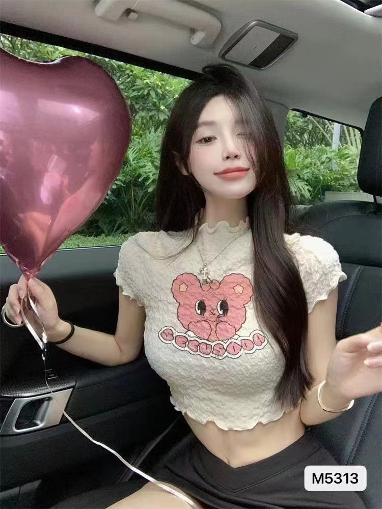 2024夏季新款純欲性感木耳邊褶皺印花短袖上衣女
