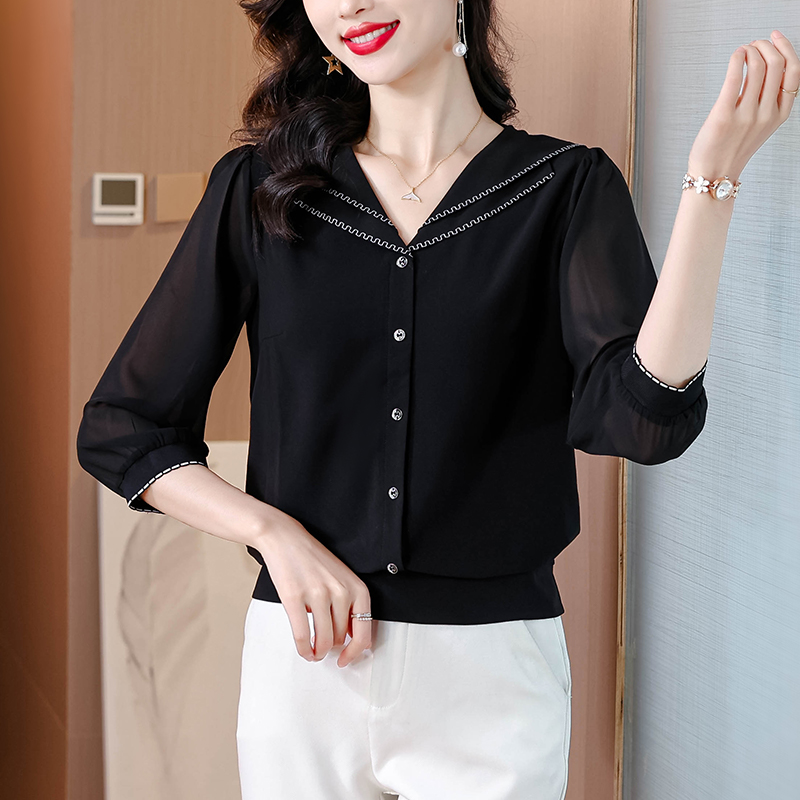 MY5707# 海军领雪纺衬衫女新款法式洋气七分袖上衣显瘦女裝貨源服裝批發